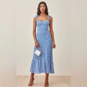 REFORMATION NIKITA dress marie blue white floral ruffle tie shoulder midi 4